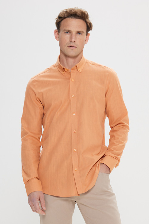 Erkek Kiremit %100 Pamuk Oxford Slim Fit Dar Kesim Düğmeli Yaka Flamlı Gömlek