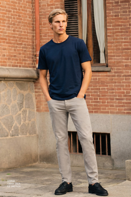 Erkek Gri 360 Derece Her Yöne Esneyen Slim Fit Dar Kesim Diyagonal Desenli Pantolon