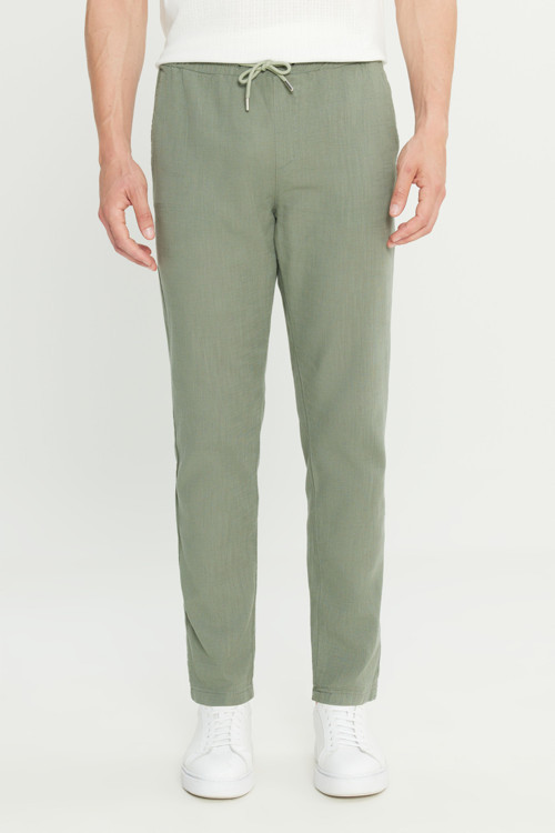 Erkek Haki %100 Pamuk Slim Fit Dar Kesim Beli Bağlamalı Yan Cepli Pantolon