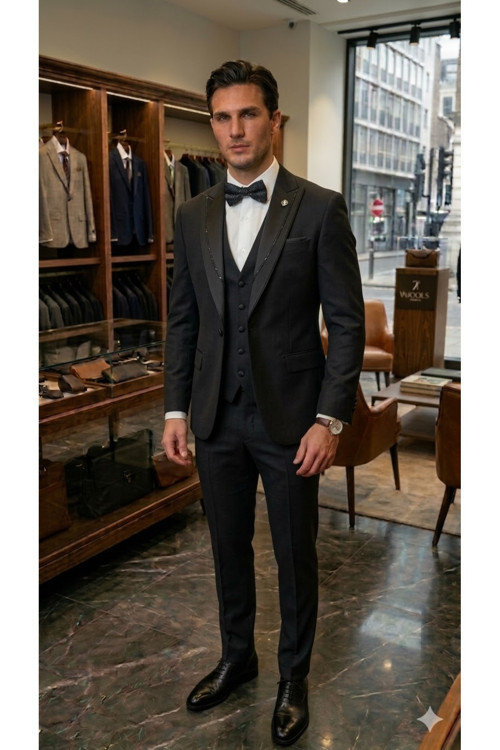 Erkek Siyah Slim Fit Dar Kesim Şal Yaka Desenli Klasik Smokin Takım