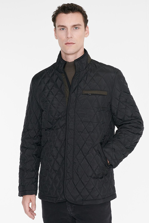 Erkek Siyah Standart Fit Normal Kesim Dik Yaka Yan Cepli Overcoat