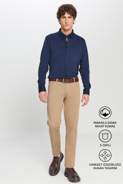 Erkek Camel Slim Fit Dar Kesim 5 Cep Pamuklu Esnek Chino Pantolon