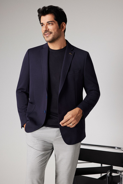 Erkek Lacivert Slim Fit Dar Kesim Mono Yaka Casual Ceket