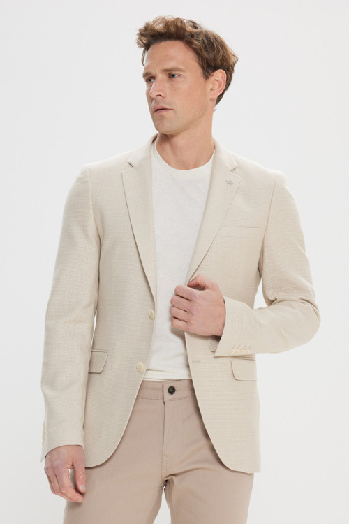 Erkek Bej Pamuklu Slim Fit Mono Yaka Kapak Cepli Desenli Esnek Ceket