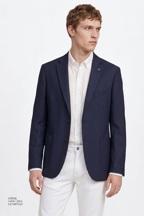 Erkek Lacivert Slim Fit Dar Kesim Mono Yaka Torba Cepli Blazer Ceket