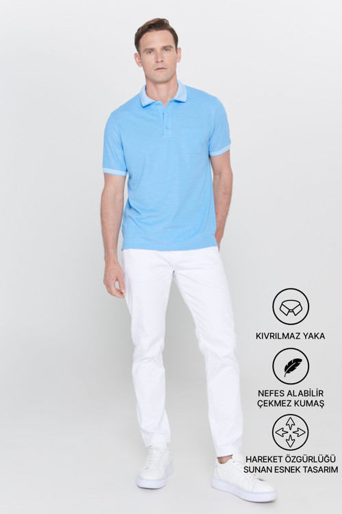 Erkek Mavi Pamuklu Comfort Fit Rahat Kesim Polo Yaka Cepli Tişört