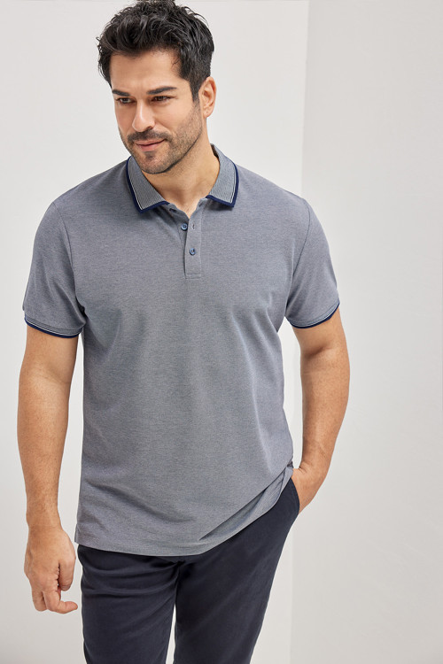 Erkek Lacivert Slim Fit Dar Kesim Kıvrılmaz Polo Yaka Kısa Kollu Tişört