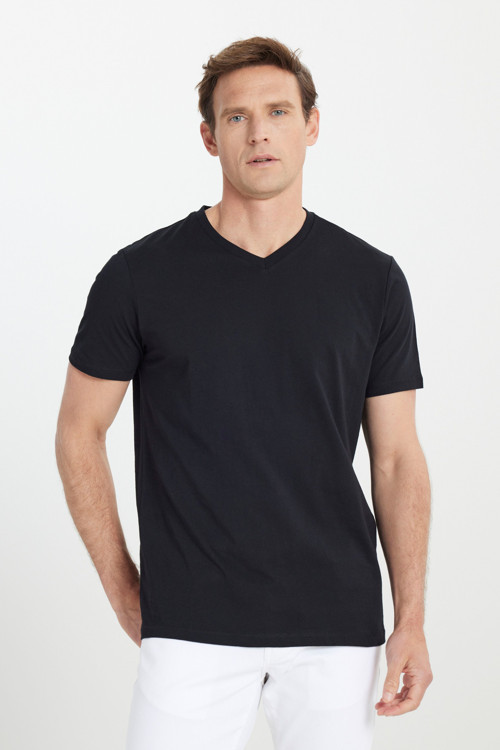 Erkek Siyah Slim Fit Dar Kesim V Yaka Pamuklu V Yaka Kısa Kollu Tişört