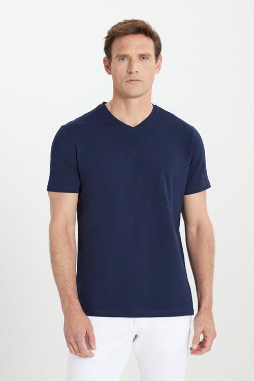 Erkek Lacivert Slim Fit Dar Kesim V Yaka Pamuklu V Yaka Kısa Kollu Tişört