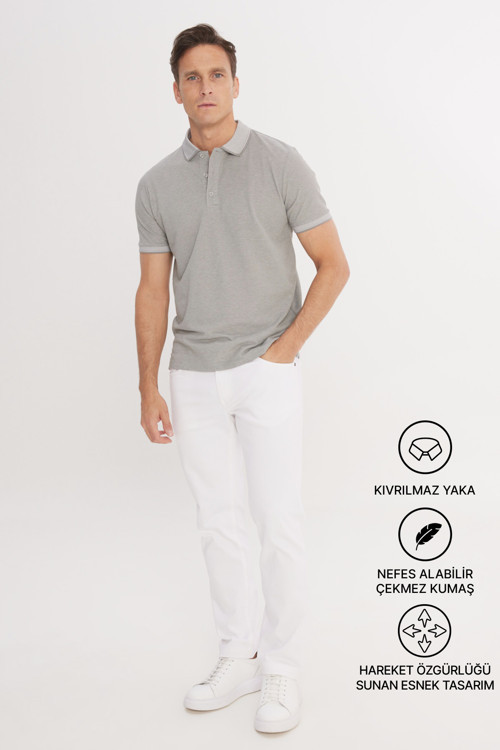 Erkek Gri Slim Fit Dar Kesim Kıvrılmaz Polo Yaka Kısa Kollu Tişört