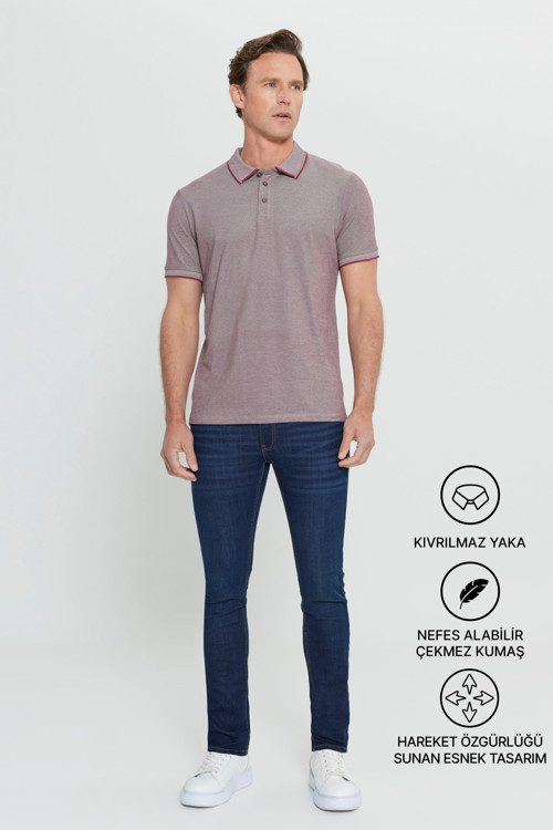 Erkek Bordo Slim Fit Dar Kesim Kıvrılmaz Polo Yaka Kısa Kollu Tişört