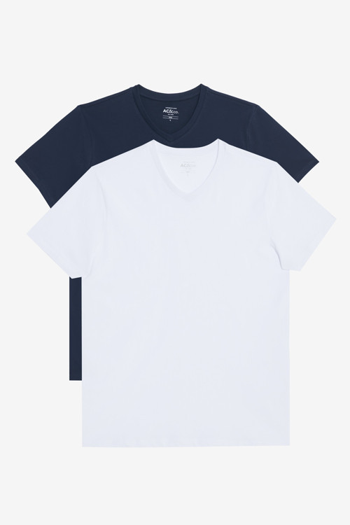 Erkek BEYAZ-LACIVERT 2'li Slim Fit Dar Kesim V Yaka %100 Pamuk Tişört