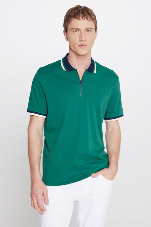 Erkek Yeşil-Lacivert Regular Fit Geniş Kesim Polo Yaka %100 Pamuk Tişört