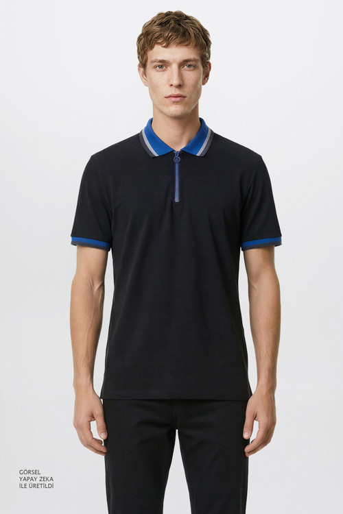 Erkek Siyah-Saks Regular Fit Geniş Kesim Polo Yaka %100 Pamuk Tişört