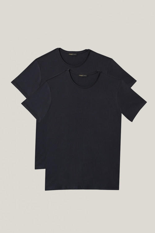 Erkek Lacivert Slim Fit Bisiklet Yaka 2'li Düz Tişört Paketi