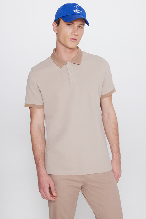 Erkek Bej-Vizon %100 Pamuk Slim Fit Dar Kesim Polo Yaka Tişört