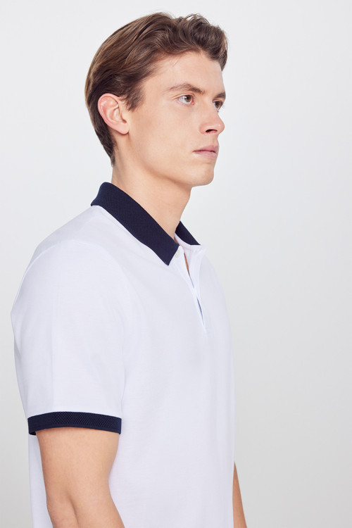 Erkek Beyaz-Lacivert %100 Pamuk Slim Fit Dar Kesim Polo Yaka Tişört