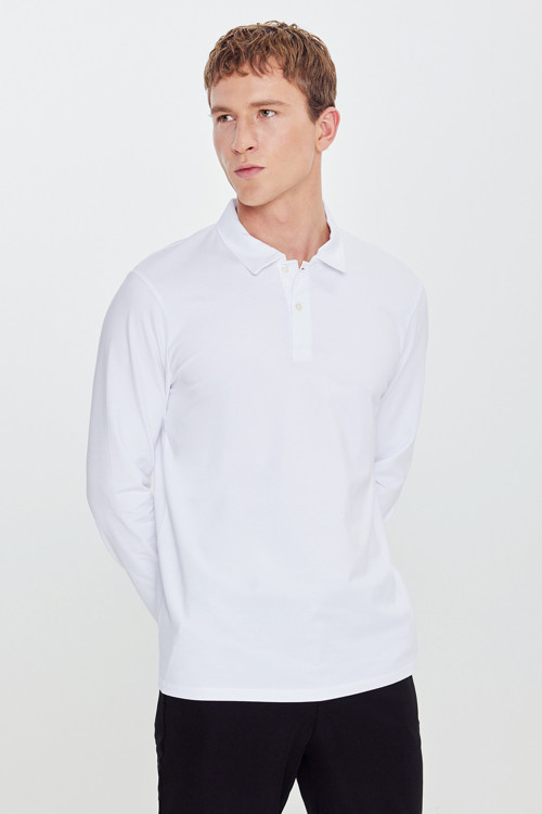 Erkek Beyaz Pamuklu Slim Fit Dar Kesim Polo Yaka Uzun Kollu Esnek Tişört