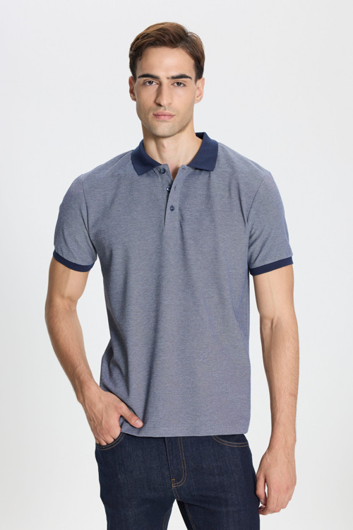 Erkek Lacivert-Beyaz Pamuklu Slim Fit Dar Kesim Polo Yaka Tişört