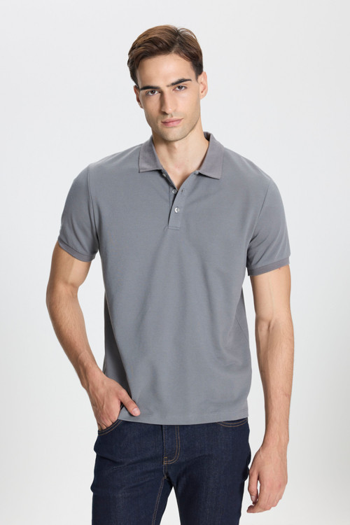 Erkek GRI-GRI Pamuklu Slim Fit Dar Kesim Polo Yaka Tişört