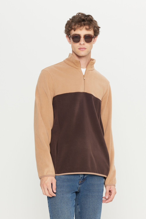 Erkek Sütlü Kahve-Kahve Standart Fit Dik Yaka İçi Polarlı Çift Renk Polar Sweatshirt