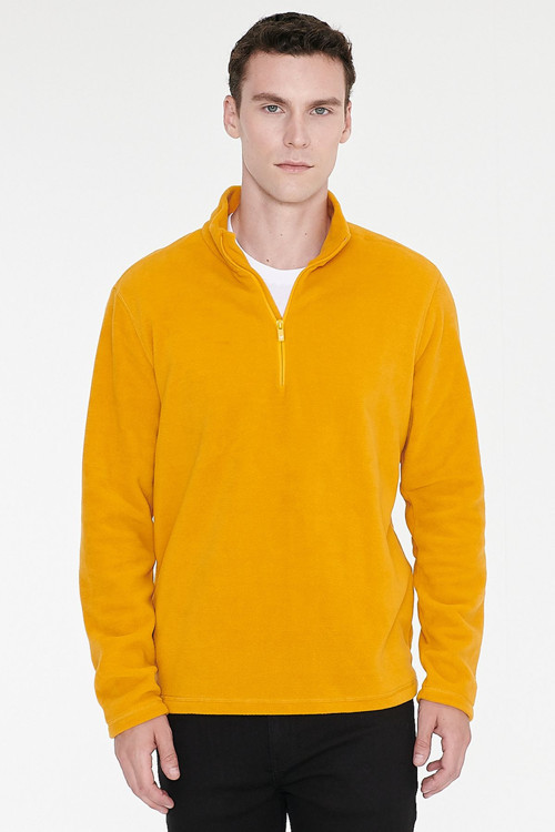 Erkek Sarı Anti-Pilling Tüylenme Yapmayan Standart Fit Dik Yaka Polar Sweatshirt