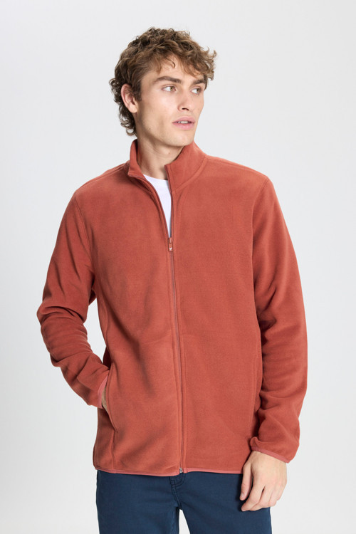 Erkek Açık Kahve Anti-Pilling Tüylenme Yapmayan Standart Fit Bato Yaka Sweatshirt Polar Ceket