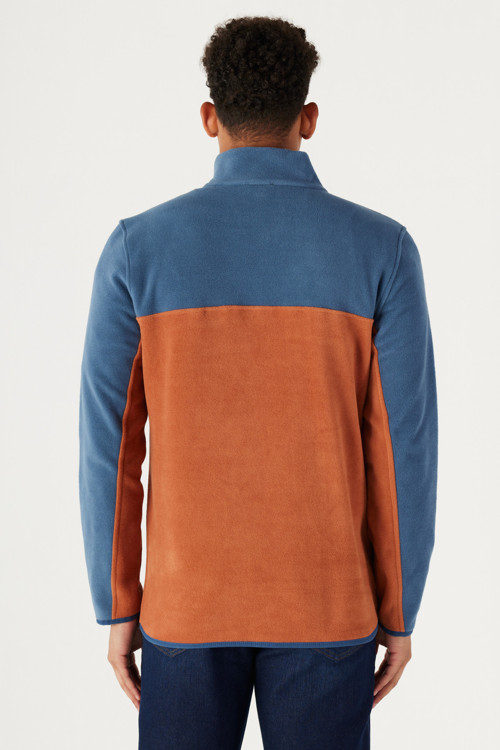 Erkek İndigo-Kiremit Standart Fit Dik Yaka İçi Polarlı Çift Renk Polar Sweatshirt