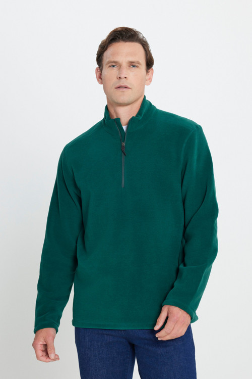Erkek Yeşil Anti-Pilling Tüylenme Yapmayan Standart Fit Dik Yaka Polar Sweatshirt