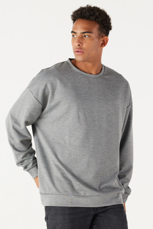 Erkek Gri Melanj Oversize Bol Kesim Bisiklet Yaka Düz Sweatshirt
