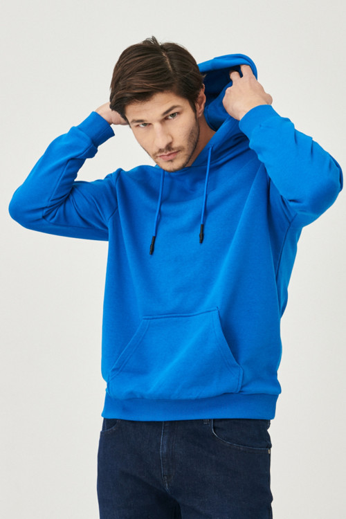 Erkek İndigo Standart Fit Kapüşonlu Sweatshirt