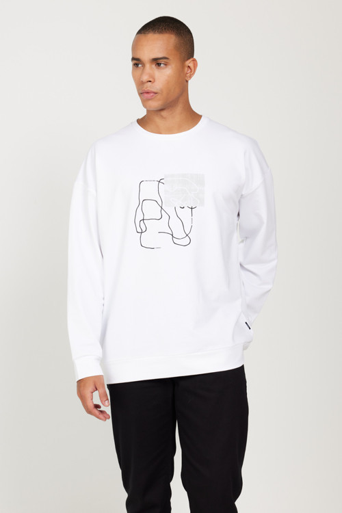 Erkek Beyaz Oversize Bol Kesim Bisiklet Yaka Önü Baskılı Pamuklu Sweatshirt