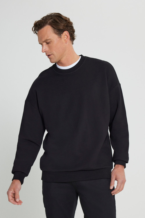 Erkek Siyah Oversize Bol Kesim 3 İplik Bisiklet Yaka Pamuklu Sweatshirt