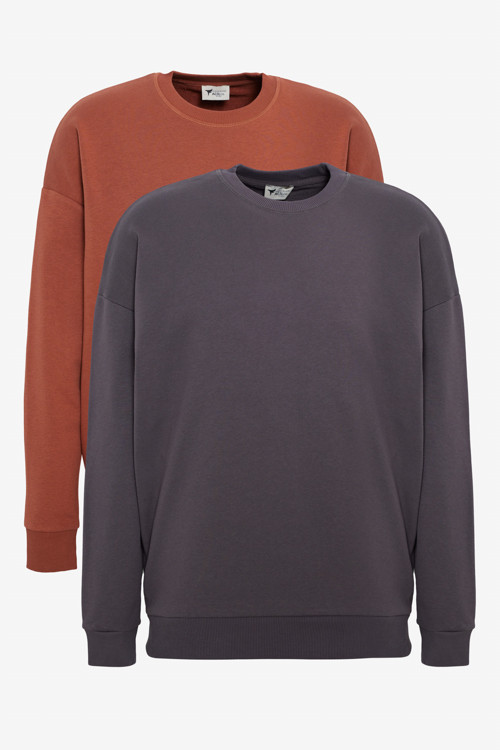 Erkek KOYU GRI-ACIK KAHVE 2'li Paket Pamuklu Oversize Bol Kesim Bisiklet Yaka Sweatshirt