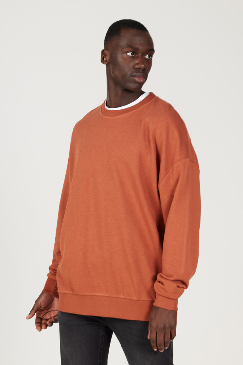 Erkek Açık Kahve Oversize Bol Kesim 3 İplik Bisiklet Yaka Pamuklu Sweatshirt
