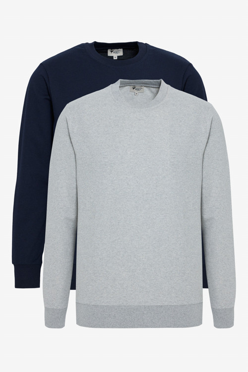 Erkek Lacivert-Gri Melanj 2'li Paket Pamuklu Standart Fit Normal Kesim Bisiklet Yaka Sweatshirt