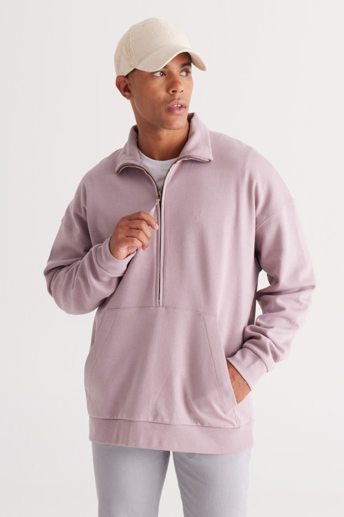Erkek Gül Kurusu Oversize Bol Kesim Bato Yaka Pamuklu Sweatshirt