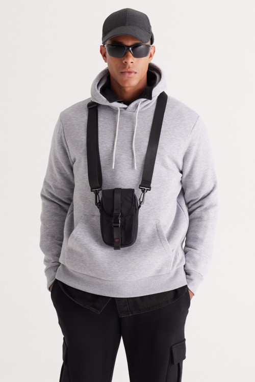 Erkek Gri Melanj Standart Fit Pamuklu Kapüşonlu Sweatshirt