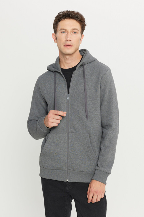 Erkek Antrasit-Melanj Standart Fit Normal Kesim Kapüşonlu Fermuarlı Sweatshirt