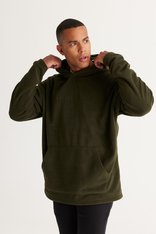 Erkek Haki Oversize Bol Kesim Kapüşonlu Kanguru Cepli Sweatshirt Polar