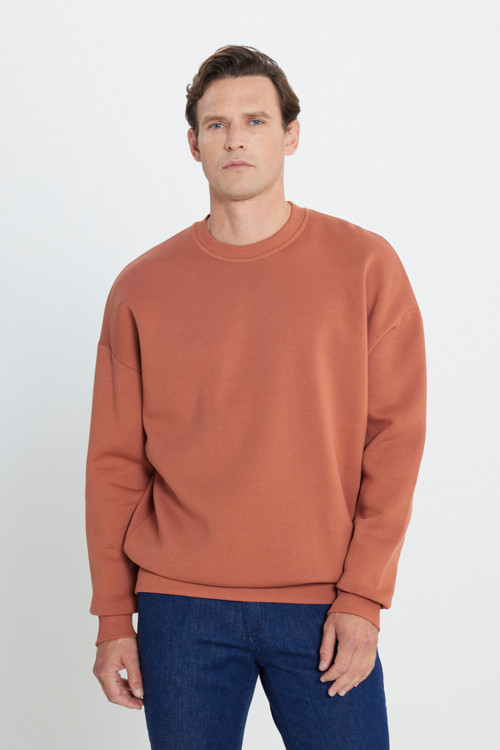 Erkek Açık Kahve Oversize Fit Bol Kesim Pamuklu İçi Polarlı Bisiklet Yaka Sweatshirt