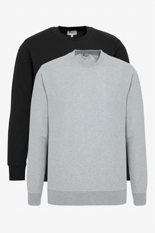 Erkek Siyah-Gri Melanj 2'li Paket Pamuklu Standart Fit Normal Kesim Bisiklet Yaka Sweatshirt
