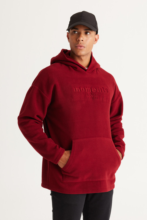 Erkek Bordo Oversize Bol Kesim Kapüşonlu Kanguru Cepli Sweatshirt Polar