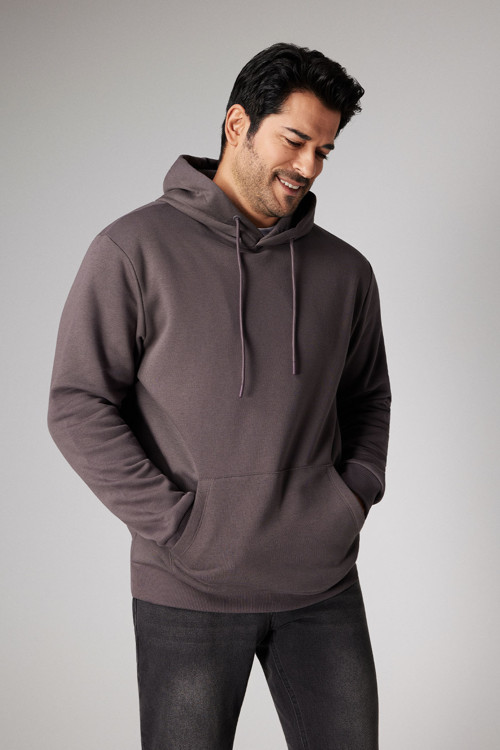 Erkek Koyu Gri Standart Fit Pamuklu Kapüşonlu Sweatshirt