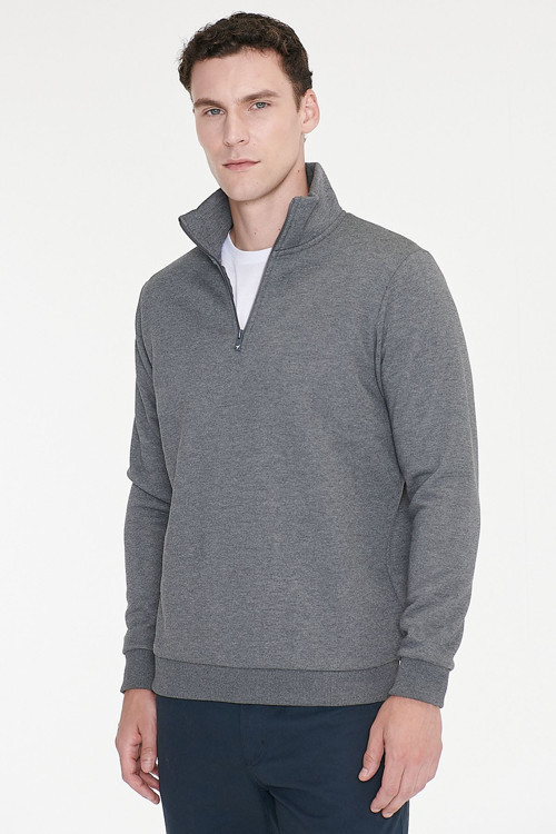 Erkek Antrasit-Melanj Standart Fit Normal Kesim İçi Polarlı Bato Yaka Pamuklu Sweatshirt