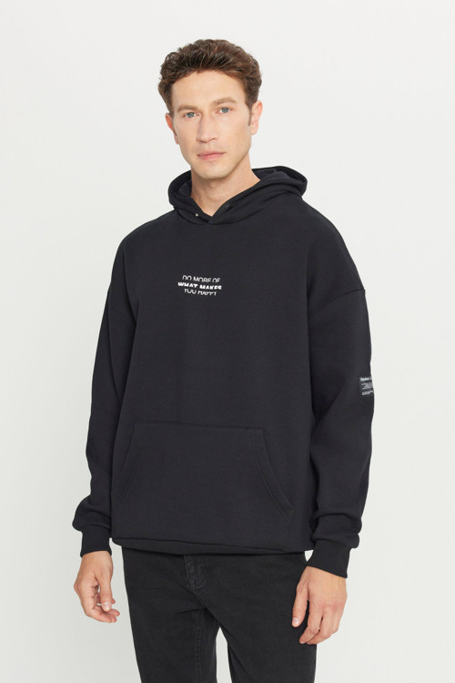 Erkek Siyah Oversize Fit Bol Kesim Kapüşonlu İçi Polarlı Pamuklu Sweatshirt