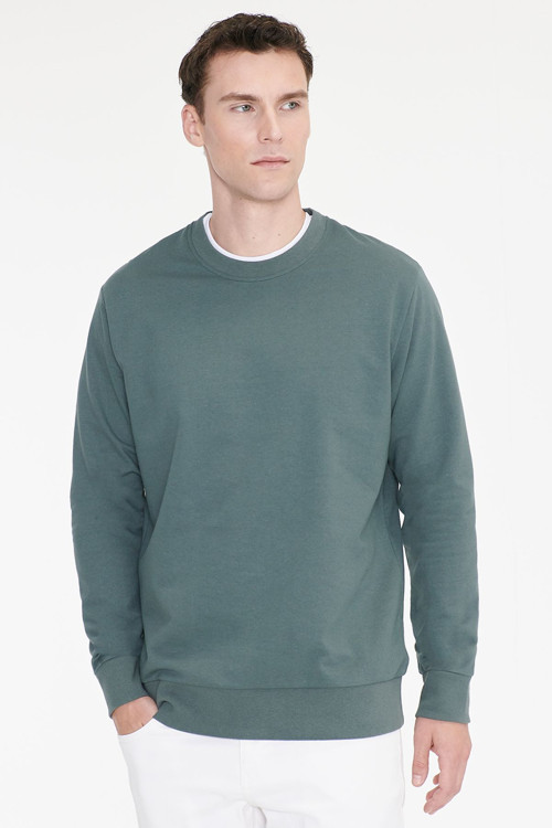 Erkek Yeşil Pamuklu Standart Fit Normal Kesim 2 İplik Bisiklet Yaka Sweatshirt