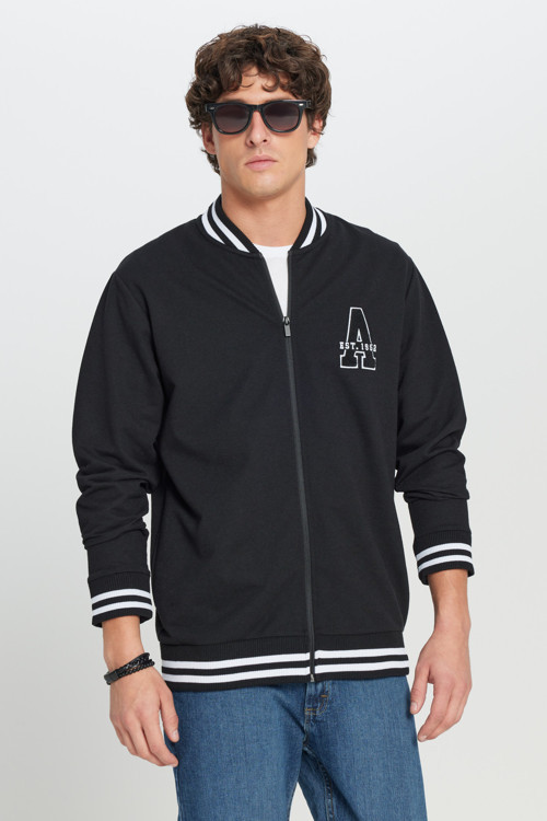 Erkek Siyah 2 İplik Pamuklu Standart Fit Normal Kesim Fermuarlı Kolej Yaka Yan Cepli Sweatshirt