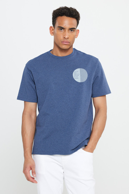 Erkek İndigo Modern Fit Bisiklet Yaka Kısa Kollu Pamuklu Baskılı Sweatshirt