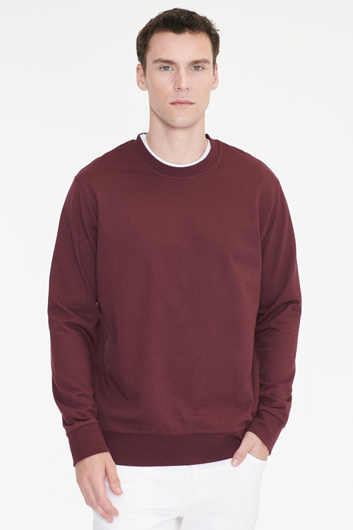 Erkek Bordo Pamuklu Standart Fit Normal Kesim 2 İplik Bisiklet Yaka Sweatshirt